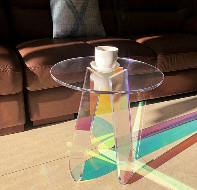 Fashion Iridescent Acrylic Coffee Table Round Plexiglass Colorful Modern Dining Desk